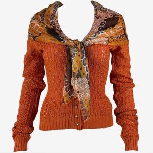 D&G Dolce and Gabbana Orange Knit Cardigan with Silk Printed Scarf